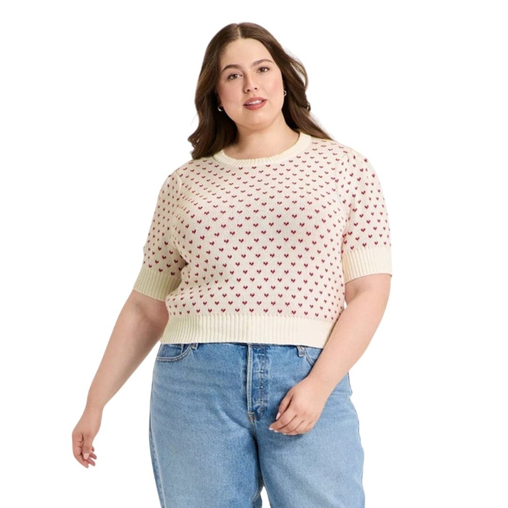 Universal Thread Women's White Red Heart Short Sleeve Knit Sweater Size XXL